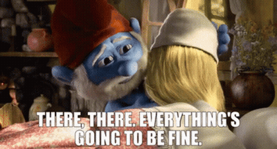 Smurf Hugging Another Smurf Saying There There Everything's Going To Be Fine GIF