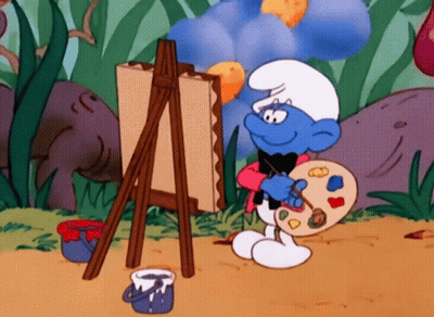Smurf Painting On Easel With Palette GIF