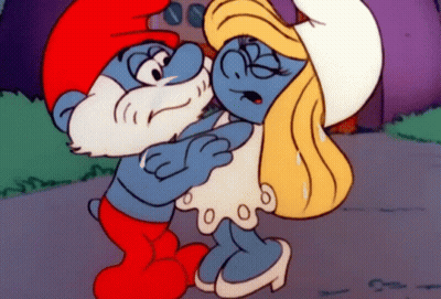 Smurf With Beard Hugging Smurf In White Dress GIF