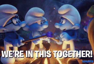 Smurfs Around Campfire Saying We're In This Together GIF