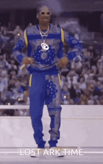 Snoop Dogg Is Dancing In Front Of A Crowd And The Words Lost Ark Time Are Below Him GIF