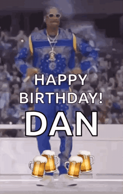 Snoop Dogg Is Dancing With Beer Mugs On His Feet And Says `` Happy Birthday Dan '' . GIF