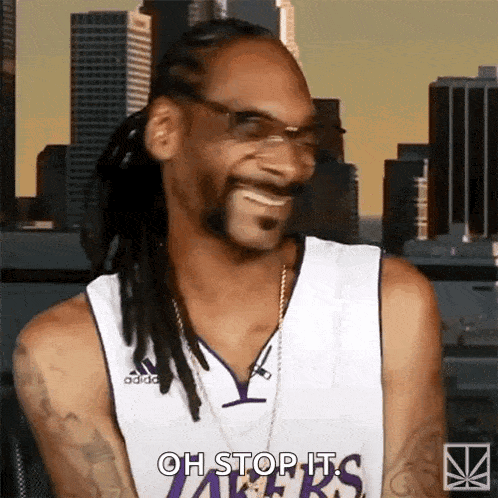 Snoop Dogg Wearing A Lakers Jersey Is Smiling And Saying Oh Stop It 'S GIF
