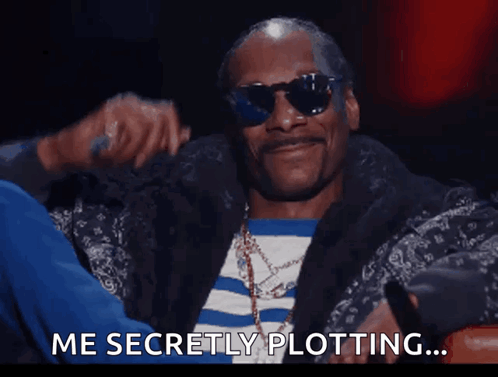 Snoop Dogg Wearing Sunglasses And A Fur Coat Says " Me Secretly Plotting " GIF