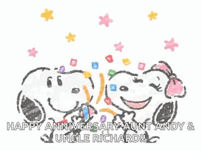 Snoopy And Aunt Andy Are Celebrating Their Anniversary With Confetti And Stars . GIF