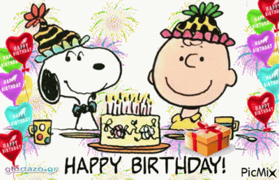 Snoopy And Charlie Brown Are Celebrating Their Birthday With A Cake And Balloons GIF