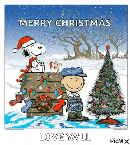 Snoopy And Charlie Brown Are Decorating A Christmas Tree GIF