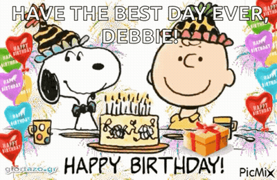 Snoopy And Charlie Brown Are Sitting At A Table With A Birthday Cake And Balloons . GIF