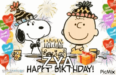 Snoopy And Charlie Brown Are Sitting At A Table With A Birthday Cake . GIF