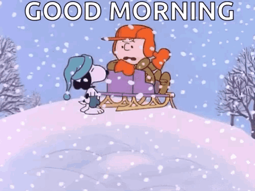 Snoopy And Charlie Brown Are Sitting On A Sled In The Snow And Wishing Everyone A Happy Winter . GIF