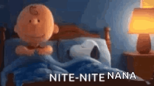 Snoopy And Charlie Brown Are Sleeping In A Bed With The Words `` Nite-Nite Nana '' Written On The Bottom . GIF