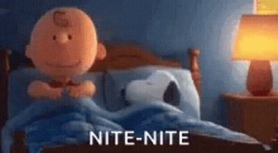 Snoopy And Charlie Brown Are Sleeping In A Bed With The Words `` Nite-Nite '' Written On The Bottom . GIF