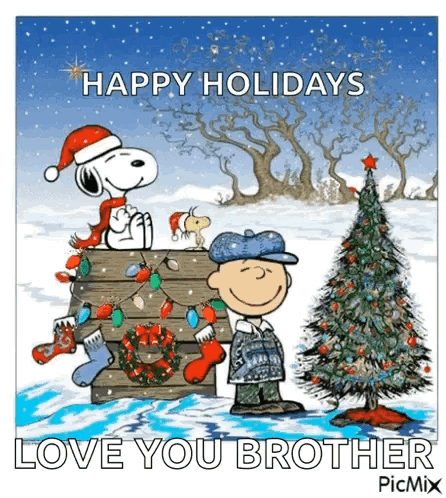Snoopy And Charlie Brown Are Standing Next To A Christmas Tree On A Christmas Card . GIF