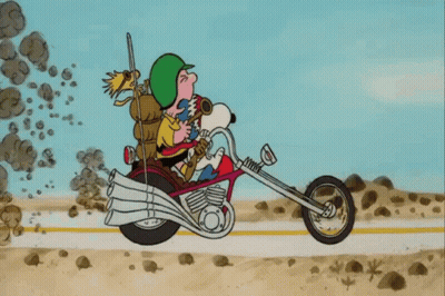 Snoopy And Charlie Brown Riding Motorcycle On Dirt Road GIF