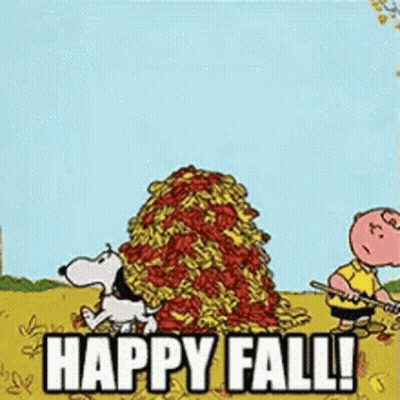 Snoopy And Charlie Brown Standing Beside Leaves Saying Happy Fall GIF