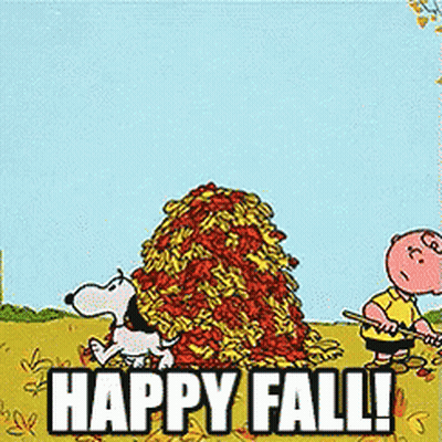 Snoopy And Charlie Brown Standing By Leaf Pile Saying Happy Fall GIF