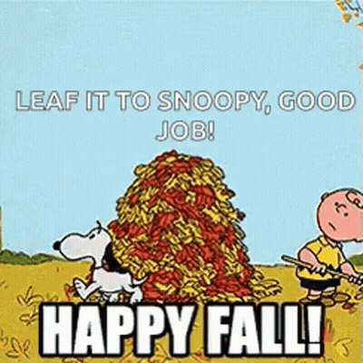 Snoopy And Charlie Brown Standing By Leaf Pile Saying Happy Fall GIF