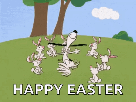 Snoopy And His Bunnies Are Dancing In A Field With The Words `` Happy Easter '' Written Below Them . GIF