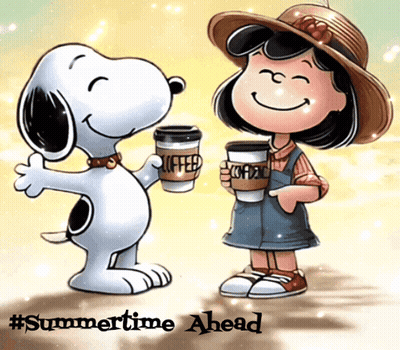 Snoopy And Lucy Holding Coffee Summertime Ahead GIF