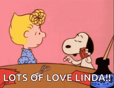 Snoopy And Lucy Sitting At Table Lots Of Love Linda GIF