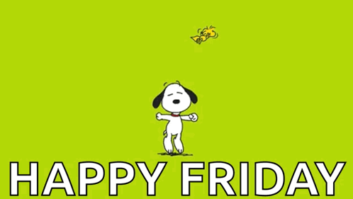 Snoopy And Woodstock Are Dancing On A Green Background With The Words Happy Friday Written Below Them GIF