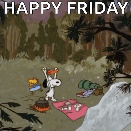 Snoopy And Woodstock Are Having A Picnic In The Woods And The Caption Says Happy Friday GIF