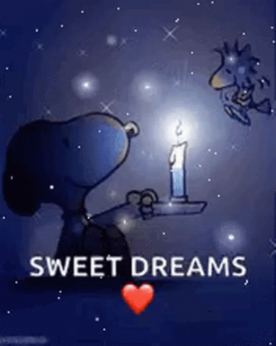 Snoopy And Woodstock Are Holding A Candle In Their Hands And Saying Sweet Dreams . GIF