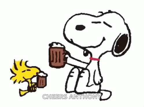 Snoopy And Woodstock Are Holding A Mug Of Beer And Cheering . GIF