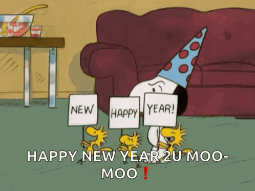 Snoopy And Woodstock Are Holding Up Signs That Say Happy New Year GIF