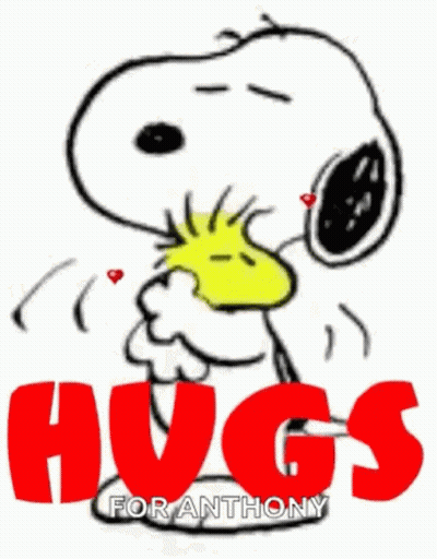 Snoopy And Woodstock Are Hugging Each Other With Red Hearts In Their Eyes . GIF
