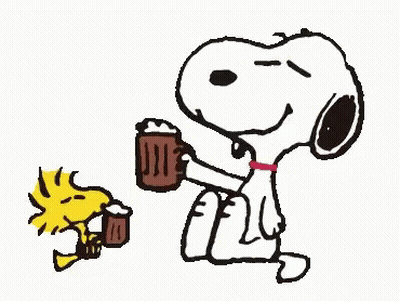 Snoopy And Woodstock Are Sitting Next To Each Other Holding Mugs Of Coffee . GIF