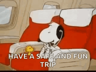 Snoopy And Woodstock Are Sitting On An Airplane Talking On The Phone . GIF