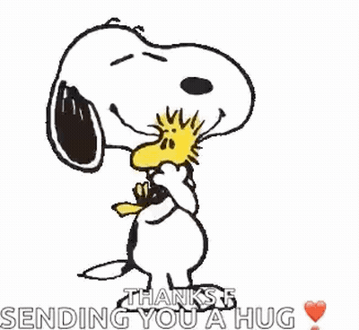 Snoopy And Woodstock Are Standing Next To Each Other And Hugging Each Other . GIF