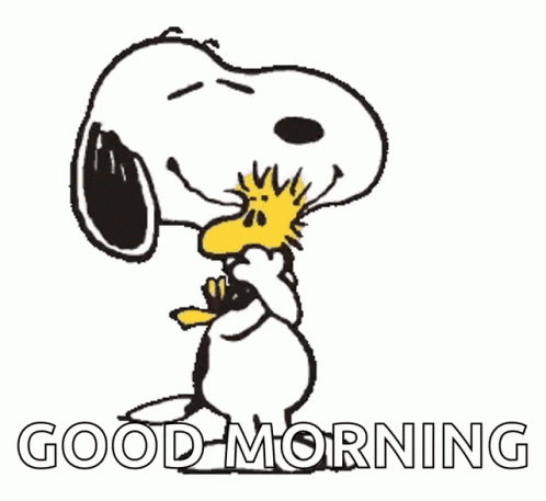 Snoopy And Woodstock Are Standing Next To Each Other With The Words `` Good Morning '' Written Below Them . GIF
