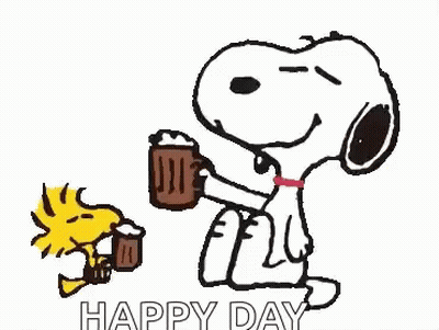 Snoopy And Woodstock Holding Coffee Mugs Happy Day Message GIF