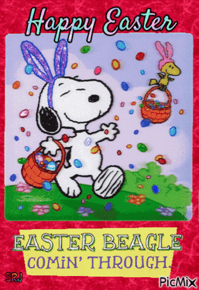 Snoopy And Woodstock Holding Easter Egg Baskets GIF