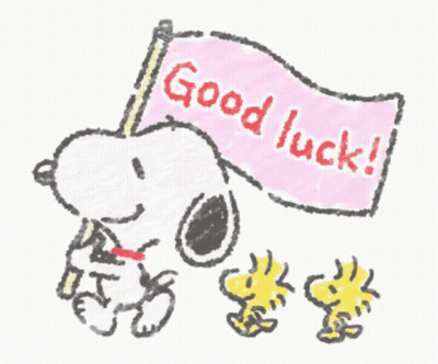 Snoopy And Woodstock Holding Pink Flag Saying Good Luck GIF