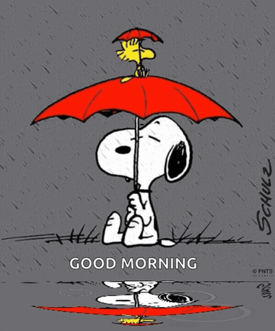 Snoopy And Woodstock Holding Umbrella Good Morning GIF