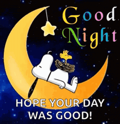 Snoopy And Woodstock Laying On Crescent Moon Saying Good Night Hope Your Day Was Good GIF