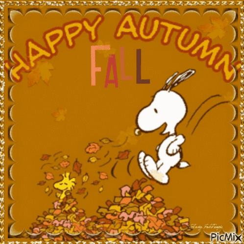 Snoopy And Woodstock Playing In A Pile Of Leaves With The Words Happy Autumn Fall GIF