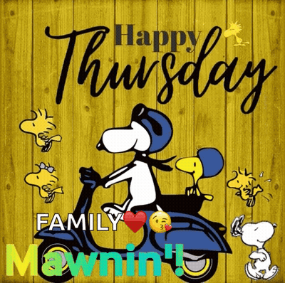 Snoopy And Woodstock Riding Scooter Happy Thursday Family Mownin GIF