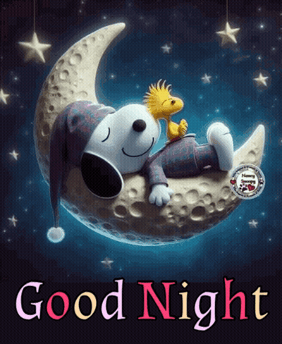 Snoopy And Woodstock Sleeping On A Crescent Moon With The Words Good Night GIF