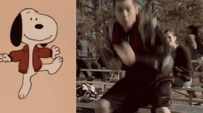 Snoopy Cartoon Next To Blurry Man GIF