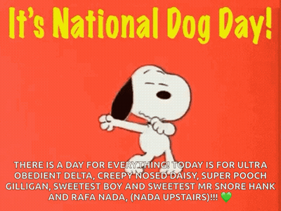Snoopy Dancing It's National Dog Day On Red Background GIF