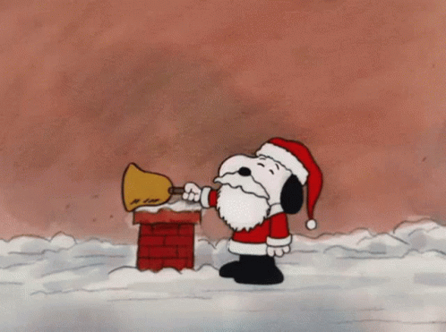 Snoopy Dressed As Santa Blowing Bell On Top Of Chimney GIF