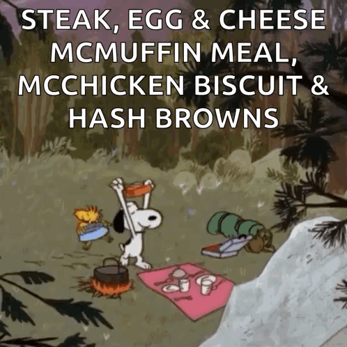 Snoopy Having Picnic With Words Steak Egg And Cheese GIF