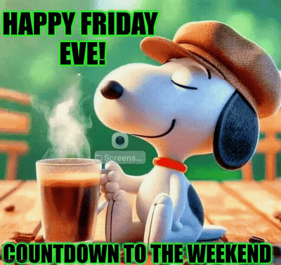 Snoopy Holding Coffee Happy Friday Eve Countdown Weekend GIF