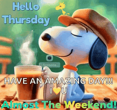 Snoopy Holding Coffee Saying Hello Thursday GIF