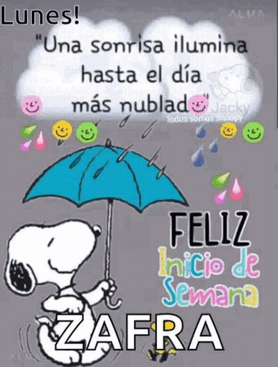 Snoopy Holding Umbrella In Rain Says Una Sonrisa Ilumina Hasta El Día Más Nublado GIF