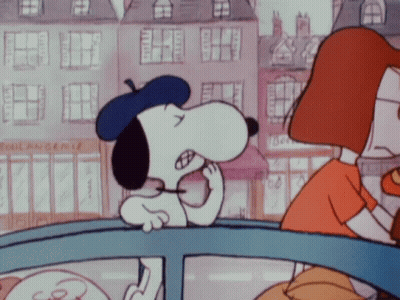 Snoopy In Blue Beret Talking To Woman GIF